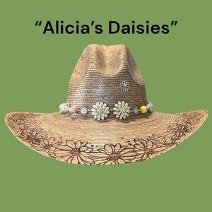 Hat. Gus Crown Retro Brim Palm Leaf Cowboy Hat in “Alicia’s Daisies” design